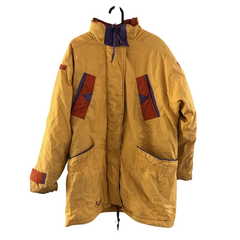 New York Girl Parka‎ Jacket Womens M Yellow Good Vintage 90s Colorblock Quilted